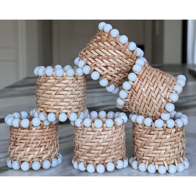 Vintage Pearl Bead Accent Rattan Napkin Rings - Set of 6 For Sale - Image 10 of 13