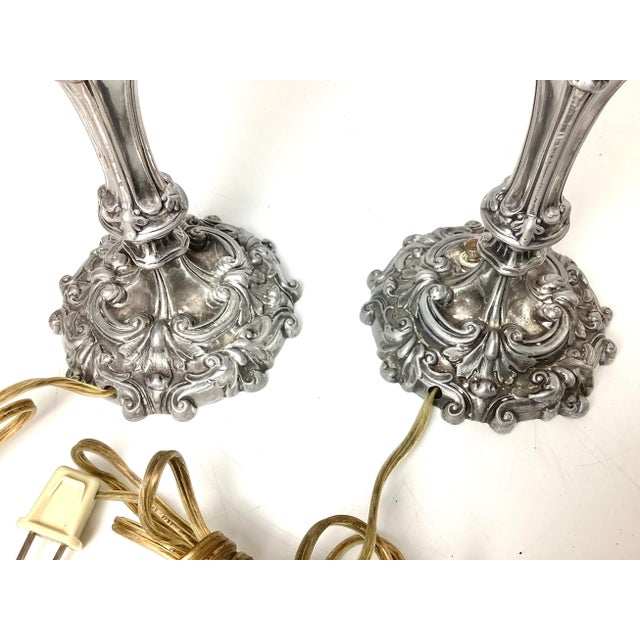 Silver Pair Early 20th Century Silver Pewter Candlestick Lamps For Sale - Image 8 of 9