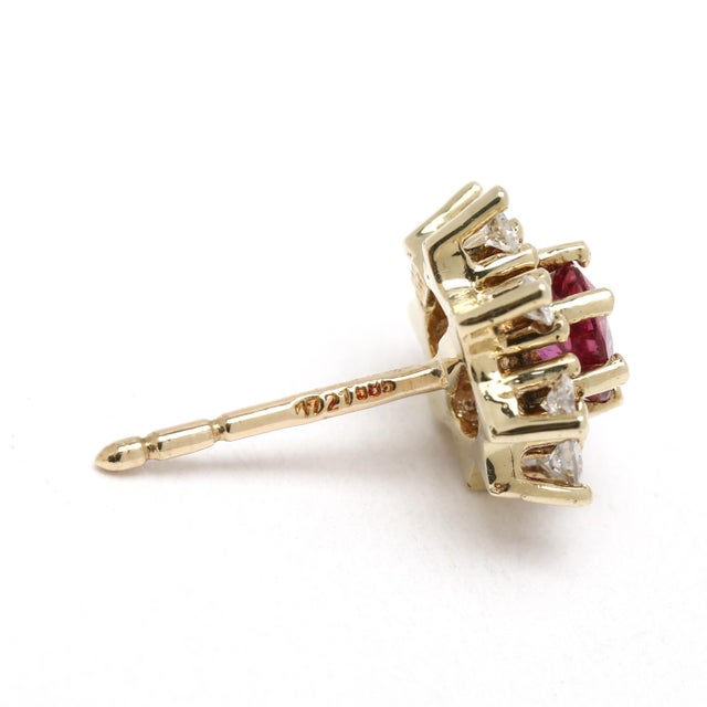 Modern 0.95ctw Ruby & Diamond Stud Earrings, 14k Yellow Gold, Length 9.6 Mm For Sale - Image 3 of 5