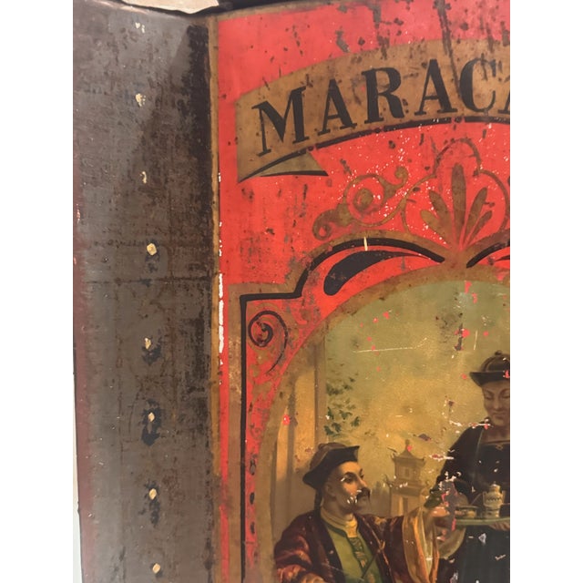 Antique Maracaibo Tea Caddy Hand-Painted Tin Toleware Scenic Front For Sale - Image 4 of 11