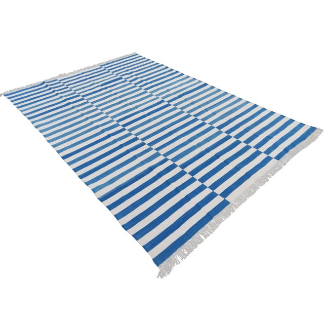 Mid-Century Modern Handmade Sky Blue and White Cotton Vegetable Dyed Striped Rug - 9'x12' For Sale - Image 3 of 10