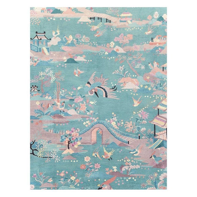 A vintage Chinese Art Deco room size carpet handmade during the mid-20th century with a pictorial design in a pale mauve...