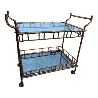 Vintage Mid-Century Faux Bamboo Bar Cart | Hollywood Regency Gilt Metal & Glass Serving Trolley | Maison Baguès Style For Sale