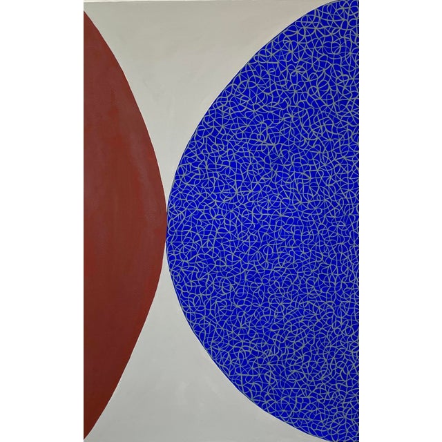 This cobalt blue/burgundy painting by Sarah Vaaler graphically depicts two half ovals opposing each other, one of which...