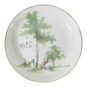 20th Century Chinese Republic Style Enamel Plate With Bamboo and Inscription
