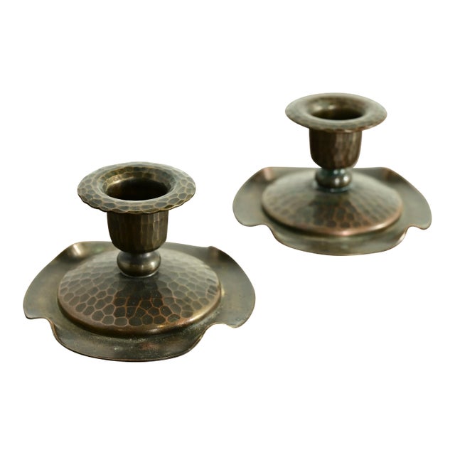 Roycroft Arts & Crafts Hammered Copper Candlesticks, Pair For Sale