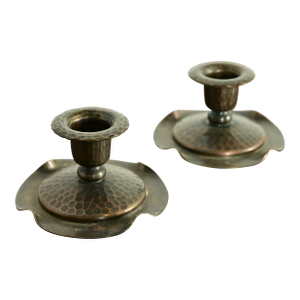 Roycroft Arts & Crafts Hammered Copper Candlesticks, Pair