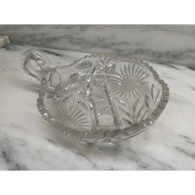 American Vintage Crystal Glass Cut Americana Candy Dish / Bowl - Sunflower Motif with Handle For Sale - Image 3 of 4