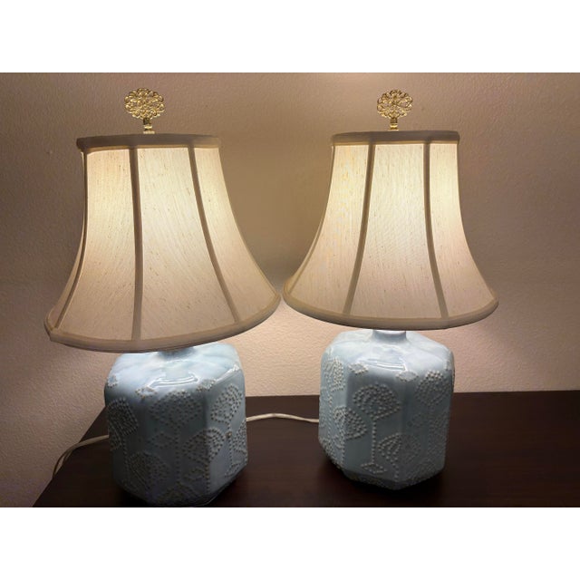 These quadruple sided three way switch pair of French Blue ceramic lamps are wonderful for bedside use, ladies vanity or...