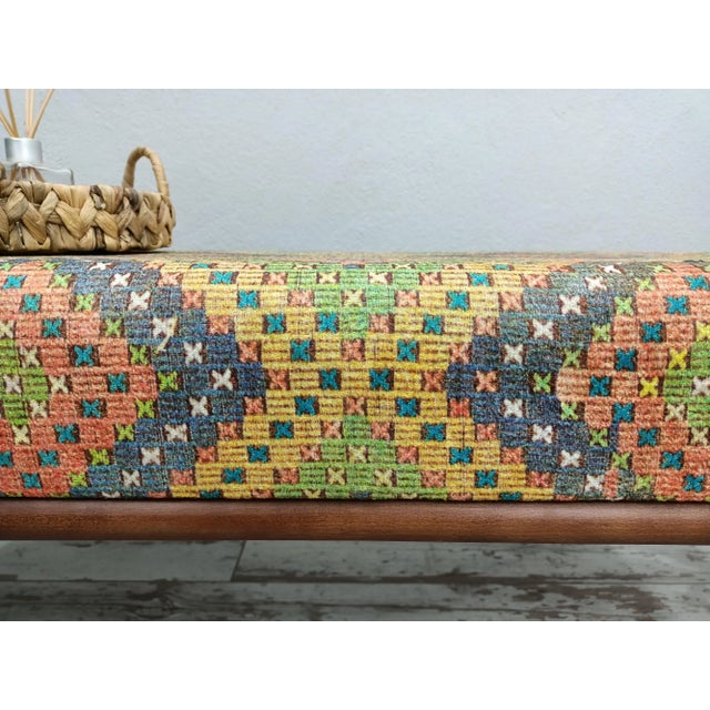 Art Deco Boho Chic Printed Rug Fabric Upholstered Bench For Sale - Image 3 of 9