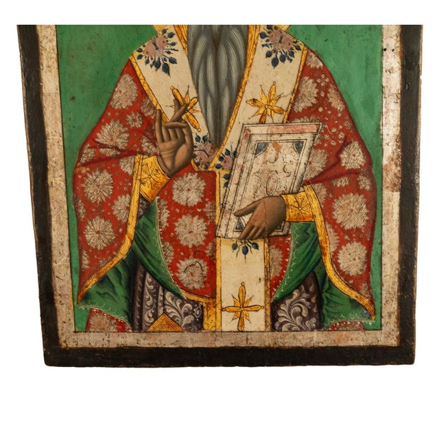 Antique 19th Century Egg Tempera Gilded Greek Orthodox Icon Saint Modestus 1800 For Sale - Image 10 of 12