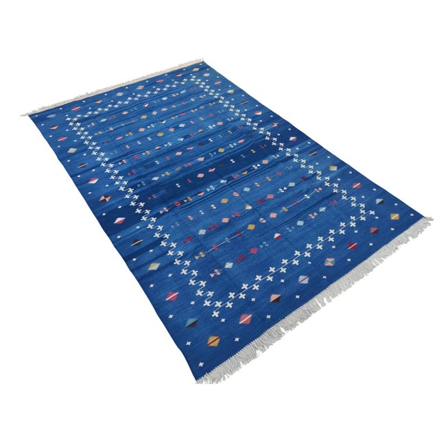 Cotton Vegetable Dyed Blue Shooting Star Reversible Rug 9'x12' These special flat-weave dhurries are hand-woven with 15...