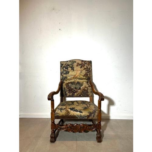 Carved Oak Armchair with Tapestry Upholstery For Sale - Image 4 of 4