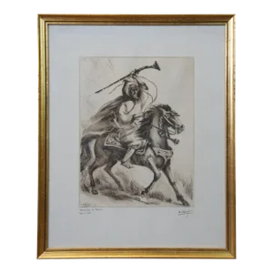 French Edmond Vales Morocco Cavalier De Fantasia Horse Warrior Etching 17", Framed