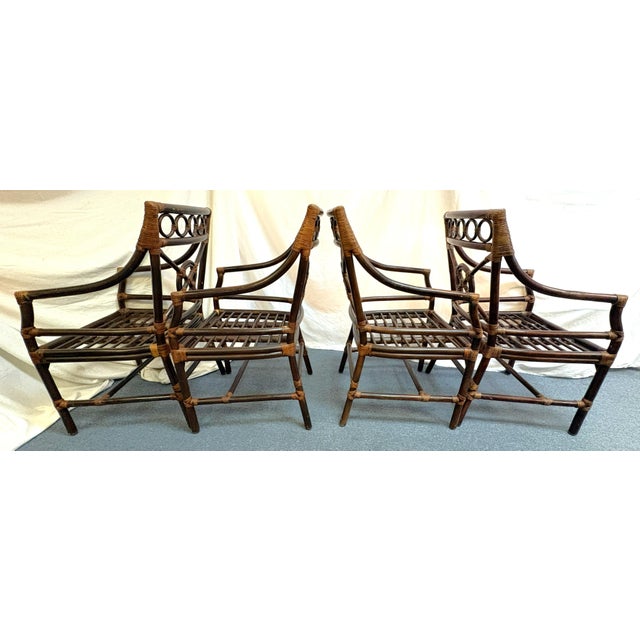 Brown Vintage McGuire Inspired Target Back Style Bamboo and Rawhide Wrapped Arm Chairs With Cushions- Set of 4 For Sale - Image 8 of 18