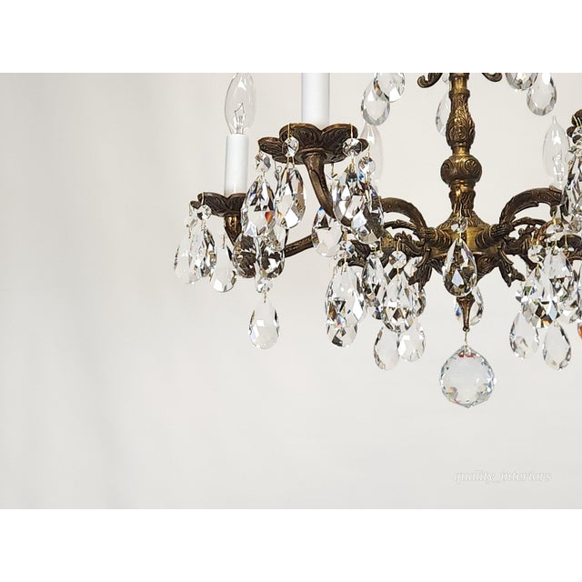 Vintage 6 Arm 6 Light Dark Patina Swanky Brass Cut Lead Glass Crystal Chandelier For Sale - Image 4 of 12