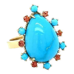 10.57 Ct Turquoise, Sapphire 14Karat Yellow Gold Cocktail Ring Size 7