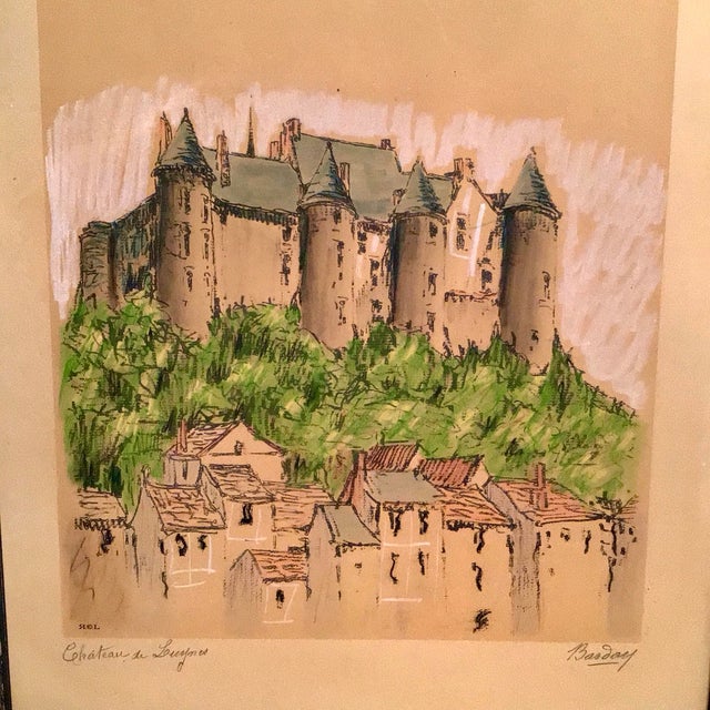 French Lithograph Château De Luynes, Located in the Indre-Et-Loire Department in France by Barday Framed Signed Hand Colored For Sale - Image 3 of 8