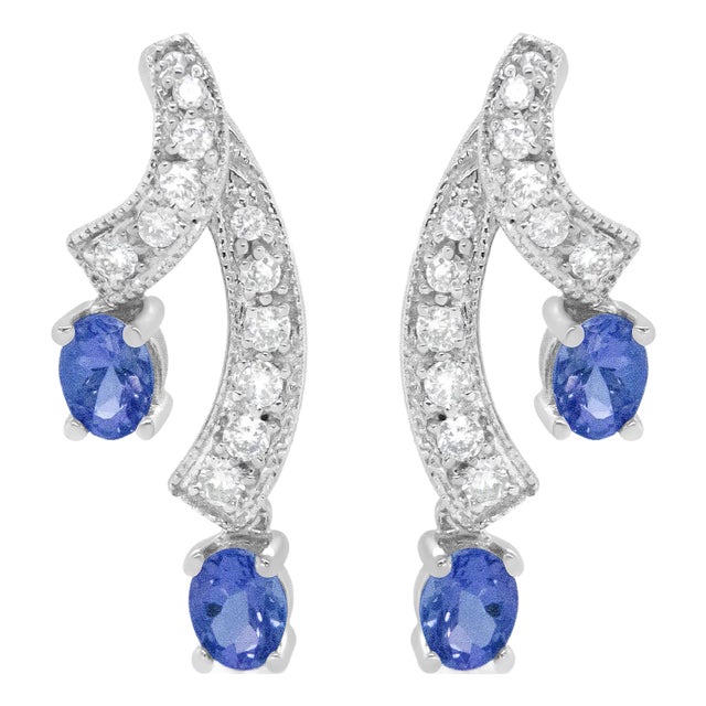 14K White Gold 4x3MM Oval Shaped Natural Blue Tanzanite Gemstone and 1/5 Cttw Diamond Double 3/4" Inch Drop Stud Earrings (H-I Color, VS1-VS2 Clarity) For Sale