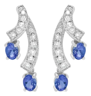 14K White Gold 4x3MM Oval Shaped Natural Blue Tanzanite Gemstone and 1/5 Cttw Diamond Double 3/4" Inch Drop Stud Earrings (H-I Color, VS1-VS2 Clarity)