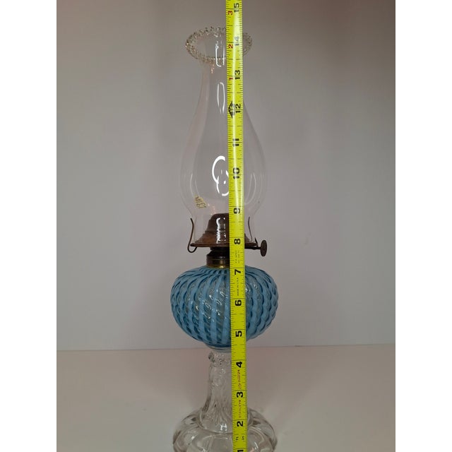 Late 19th Century Rare Thuro Collection Sheldon Swirl Opalescent Kerosene Oil Lamp Blue Reverse For Sale - Image 4 of 18
