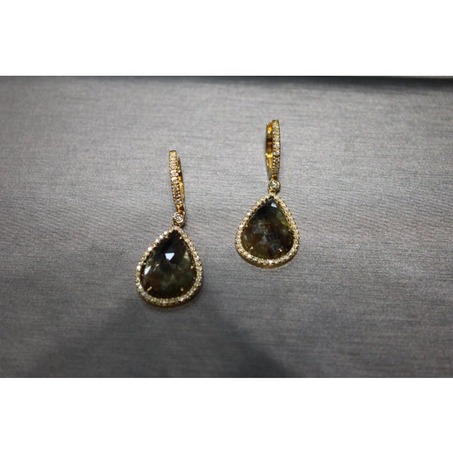 Golden Brown Black Sapphire Pear Drop Shape Sapphire Diamond Halo Gold Earrings, A Pair For Sale In Washington DC - Image 6 of 11