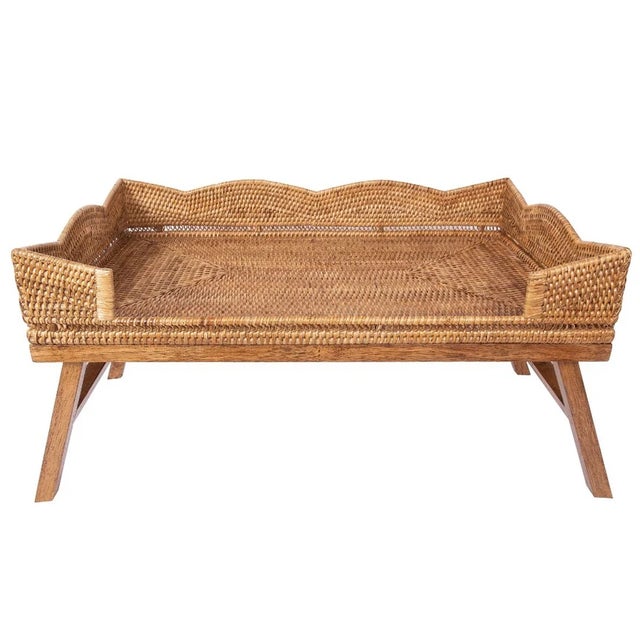 2020s Artifacts Rattan Scallop Design Breakfast Tray with Wooden Legs, Honey Brown For Sale - Image 5 of 5