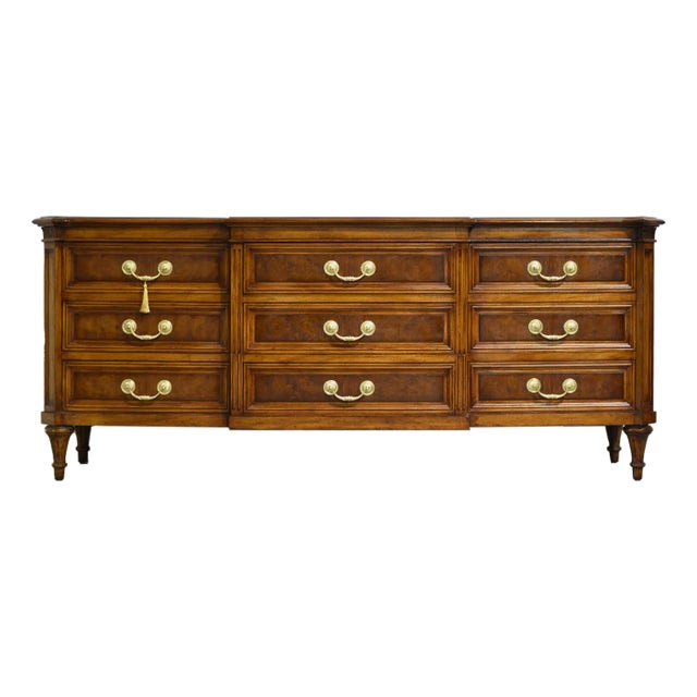Mid Century French Regency Burled Walnut 9-Drawer Dresser With Brass Hardware by Karges Indiana For Sale