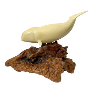 Vintage John Perry Polar or Bowhead Whale Sculpture on Burl Wood - Pellucida Resin For Sale