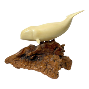 Vintage John Perry Polar or Bowhead Whale Sculpture on Burl Wood - Pellucida Resin