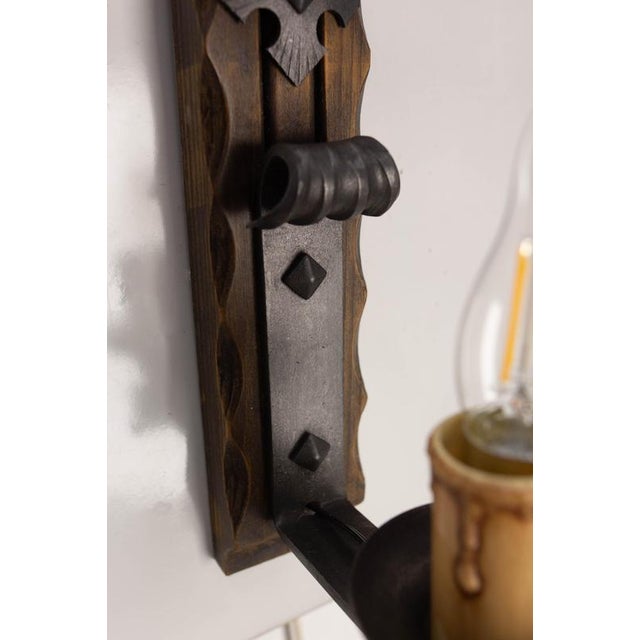 Spanish French Pine & Wrought Iron Wall Lights, 1960s, Set of 2 For Sale - Image 9 of 10