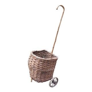 Vintage French Woven Shopping Cart on Wheels For Sale