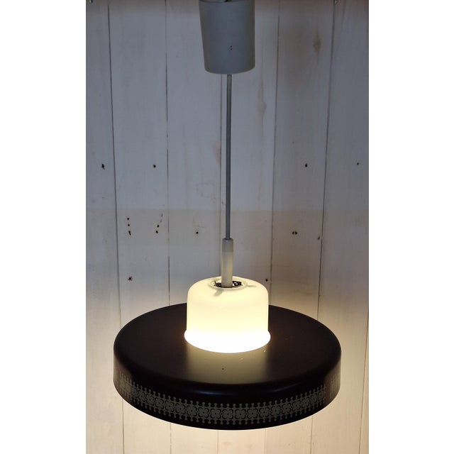 Vintage Hanging Lamp with Opaque White Inner Glass Shade and Brown Metal Trim, 1970s For Sale - Image 3 of 7