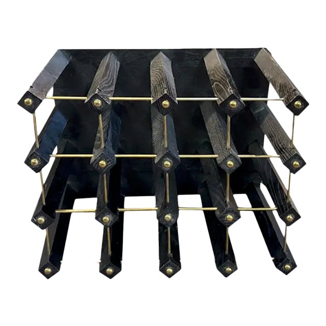 Mid Century Wood Wine Holder Rack in Black With Brass Details For Sale