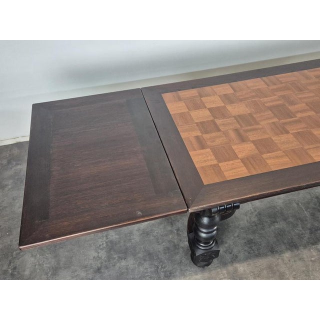 Breton Extendable Table in Carved Oak with Parquet Top, in Very Good conditions.