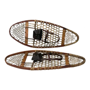 Original Pair of Antique Hand Made "Bear Paw" Style Steam Bent Ash, Woven Sinew & Cowhide Leather Maine Snow Shoes