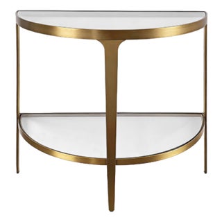 Matthew Izzo Home Lisa Antique Brass and Glass Demi-Lune Two Tier Console Table For Sale