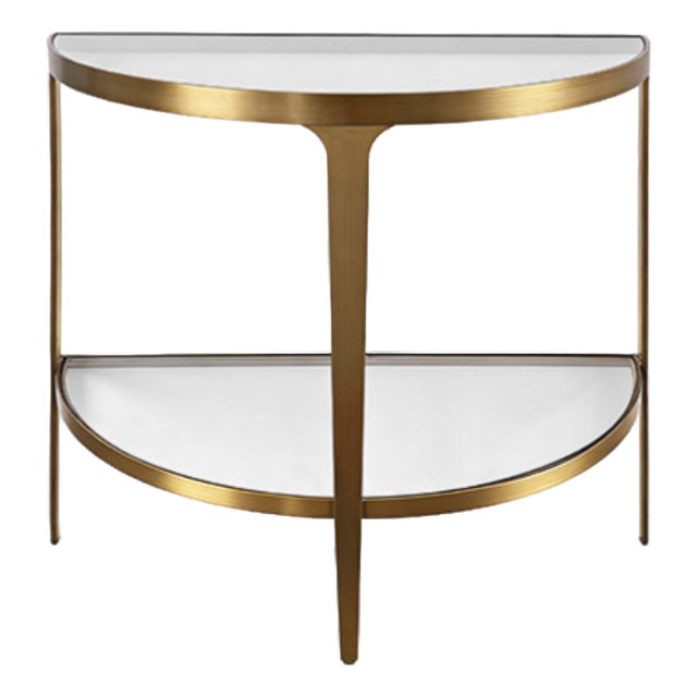 Matthew Izzo Home Lisa Antique Brass and Glass Demi-Lune Two Tier Console Table For Sale