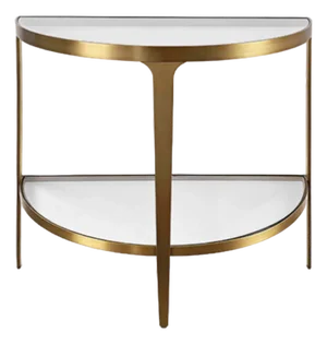 Matthew Izzo Home Lisa Antique Brass and Glass Demi-Lune Two Tier Console Table