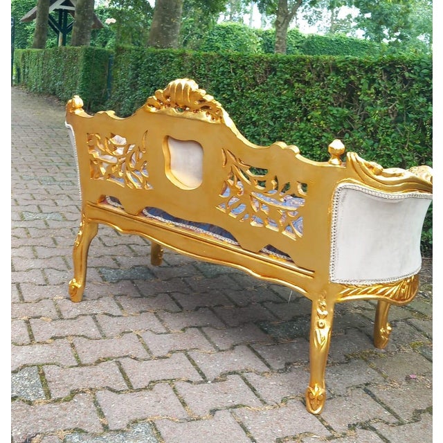 1980s French Louis XVI Settee in Gilded Beech, Blue Damask & Tan Velvet For Sale - Image 6 of 12