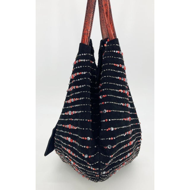 Early 21st Century Valentino Black Suede Rhinestone Beaded Bow Tote For Sale - Image 5 of 11
