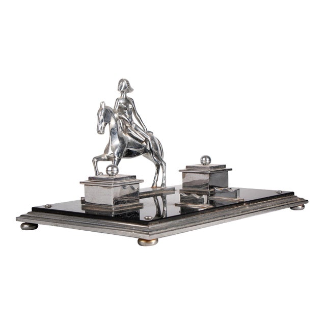 Art Deco Early 20th Century French Art Déco Metal Desk Tidy With Woman Horseriding, Pen Holder and a Pair of Inkwells For Sale - Image 3 of 8
