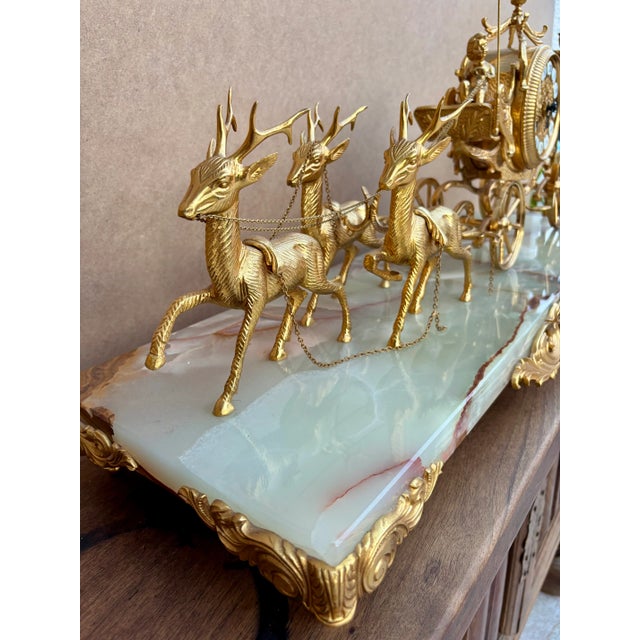 Vintage Carriage Clock with Deer and Candlesticks in Gilt Bronze on Marble Base, 1940, Set of 3 For Sale - Image 11 of 12
