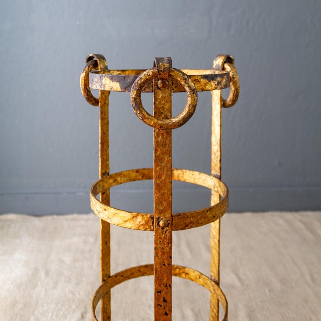 Neoclassical Umbrella Stand of Gilded and Hammered Iron on Footed Base For Sale - Image 16 of 18