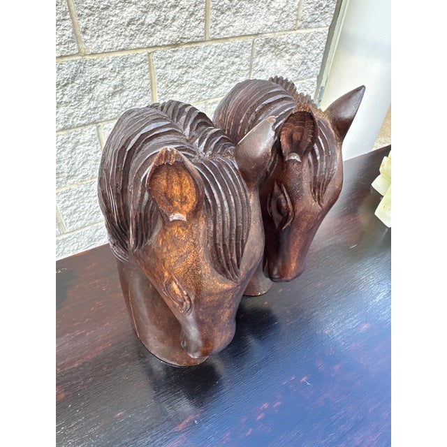Vintage Equestrian Horse Head Sculptures in Dark Carved Wood - A Pair For Sale - Image 9 of 12