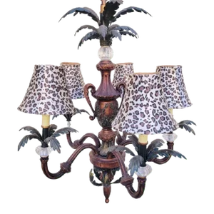Vintage Tole Palm Bech Regency 5 Light Leopard Shade Metal Leaf Urn Chandelier