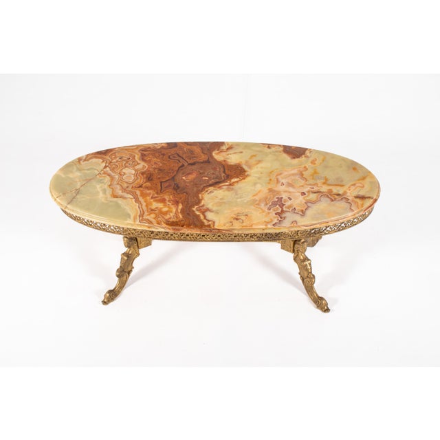 Vintage Hollywood Regency Oval Onyx Coffee Table with Gilt Brass Base, France, 1960s For Sale - Image 12 of 16