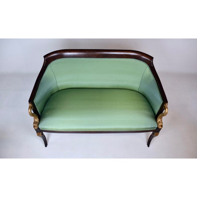 French Empire Style Curved Walnut Settee With Dolphin Arms, New Green Silk For Sale - Image 13 of 13