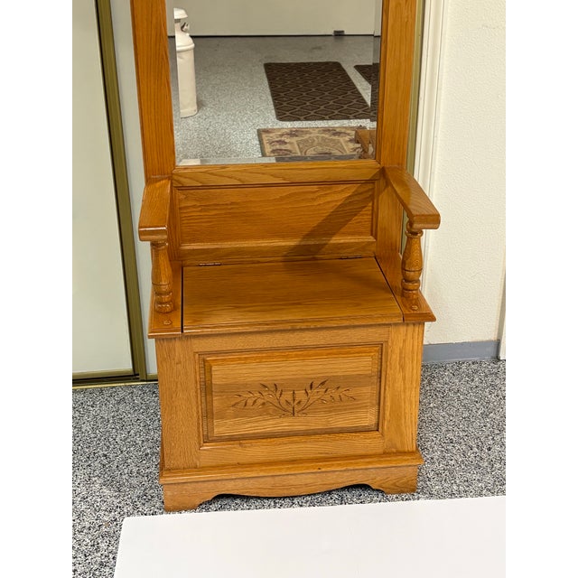 Victorian Vintage Tradional Oak Hall Tree With Mirror and Storage Bench For Sale - Image 3 of 6