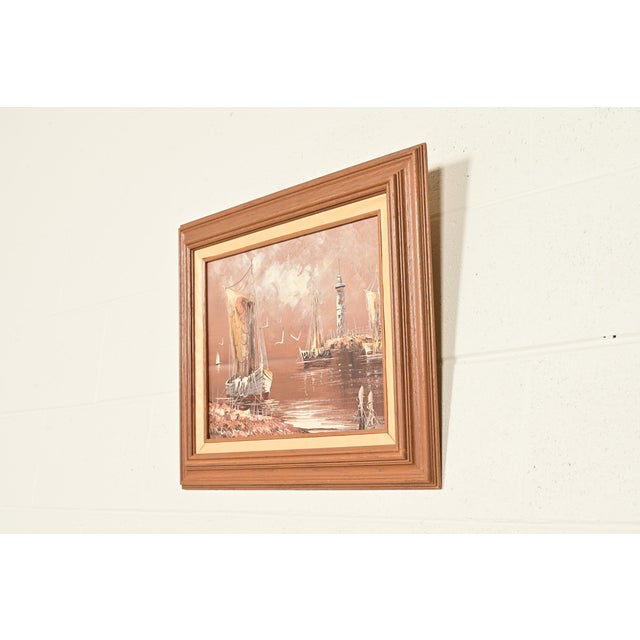 Traditional Rikard Lindström Original Signed Oil Painting on Canvas of Ships in Harbor in Carved Wood Frame For Sale - Image 3 of 13